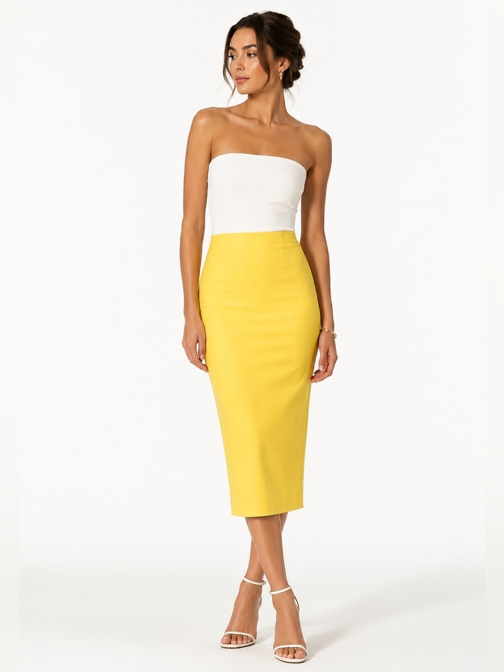 Amanda Uprichard Yellow White Strapless Midi Dress M NWT